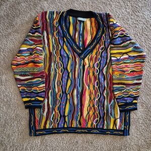 VTG Coogi Australia 3D Knit Multicolor V-Neck Sweater Mercerized Cotton SZ M